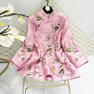 唐装女装中国风春夏复古民族风刺绣绣花红色中式盘扣改良旗袍上衣