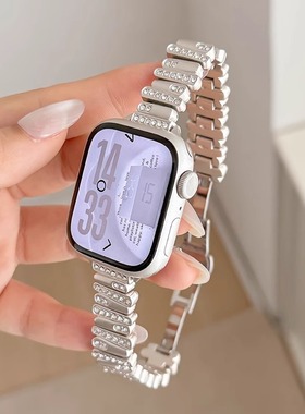 适用于小米手环9pro不规则金属镶钻腕带皮质8pro红米watch5手表带