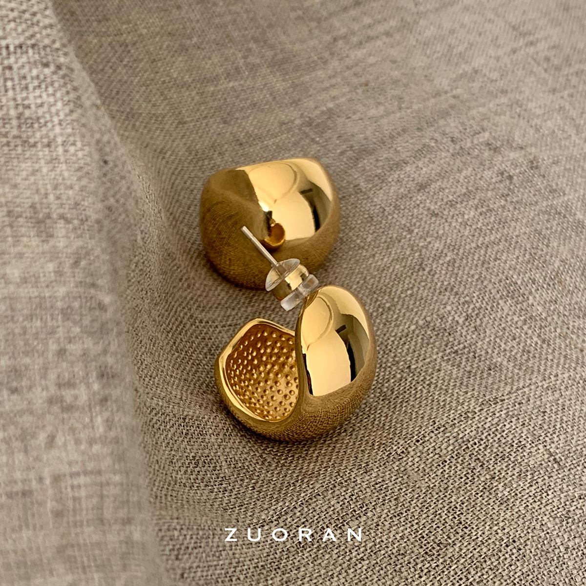 ZUORAN 法式复古celi风精致光面半圆球金色耳环轻奢时尚气质耳钉