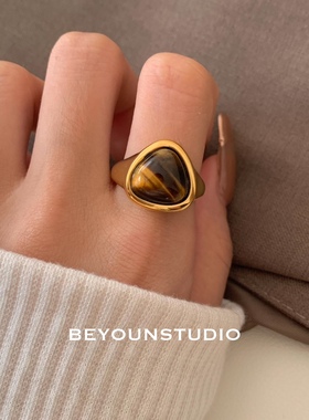 ZUORAN 虎眼石小众轻奢高级感金色ins气质潮流戒指女复古女RF115