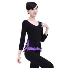 新款时尚舒适黑色瑜伽舞蹈运动上衣优雅莫代尔修身收腰广场舞下摆