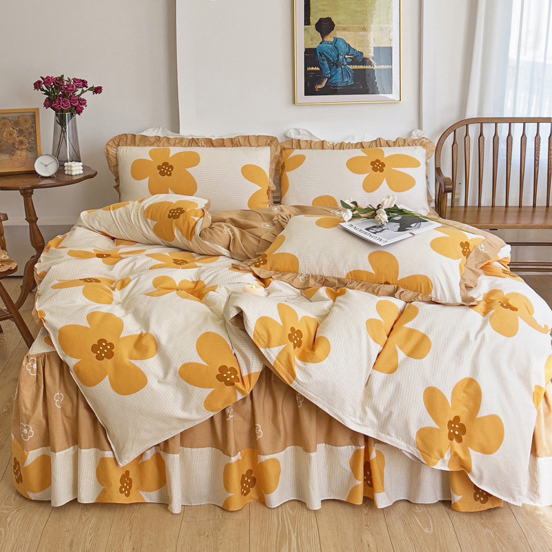 公主风少女床裙款四件套100纯棉全棉小清新床上用品被套床罩套件4