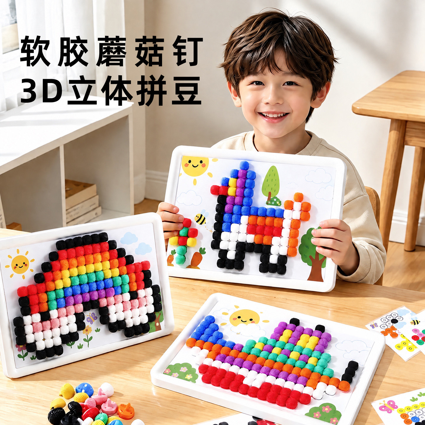 儿童3D立体拼图蘑菇钉大颗粒插插乐宝宝3到6岁拼插男女孩益智玩具