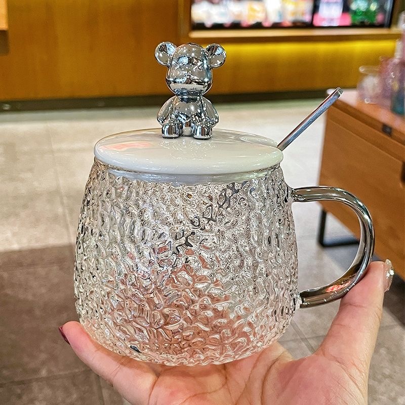 玻璃杯子高级感带盖耐热带把泡茶杯耐高温家用小熊咖啡杯马克杯
