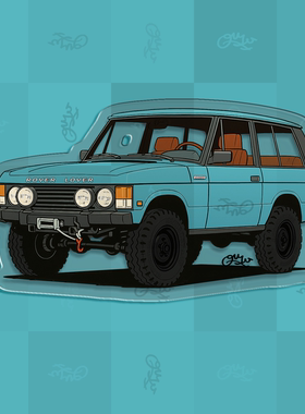 自制手绘路虎揽胜classicsCWC蓝经典老车主题插画冰箱贴车迷原创