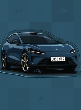 自制手绘小米YU7深海蓝国产新势力主题插画滴胶冰箱贴车迷原创