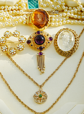 Hobe合辑 美国莱茵石琉璃耳夹手链项链胸针复古 vintage古董首饰