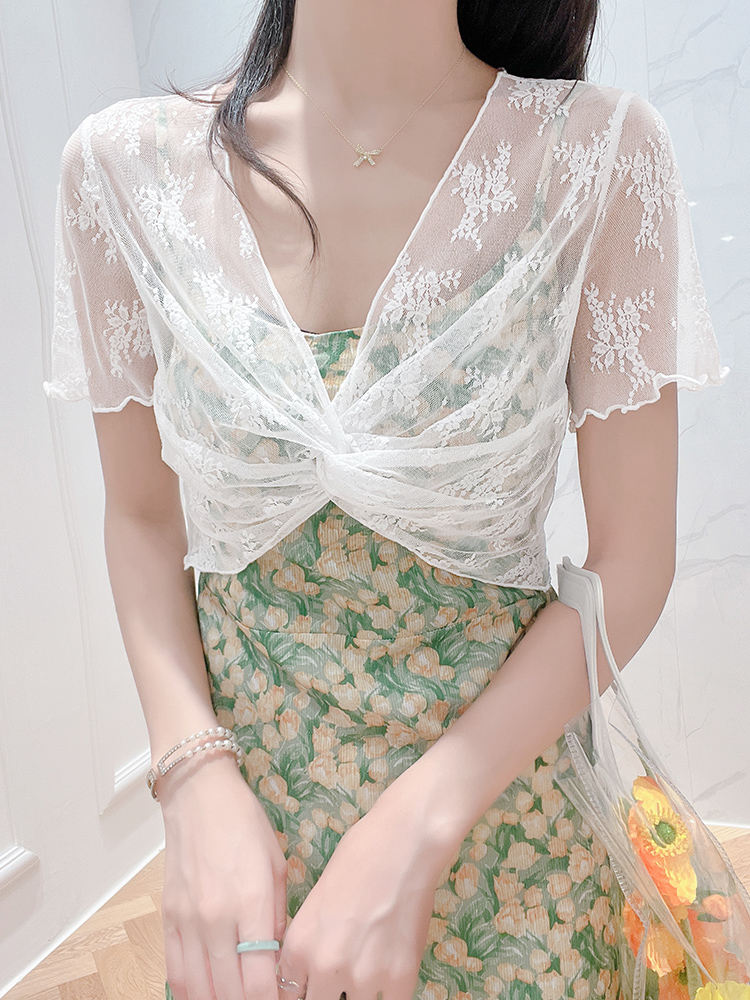 披肩夏季配裙子短袖白色蕾丝半截套头吊带连衣裙外搭小坎肩罩衫女
