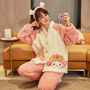 长毛绒睡衣女款秋冬季加厚加绒粉色开衫法兰绒家居服可外穿两件套