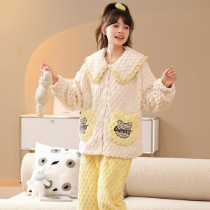加厚秋冬季珊瑚绒睡衣法兰绒秋冬款保暖翻领冬天家居服两件套女