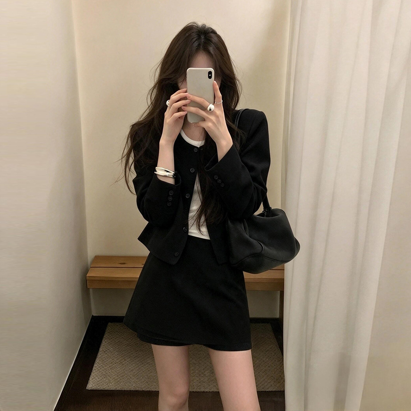 法式黑色西装套装裙子女