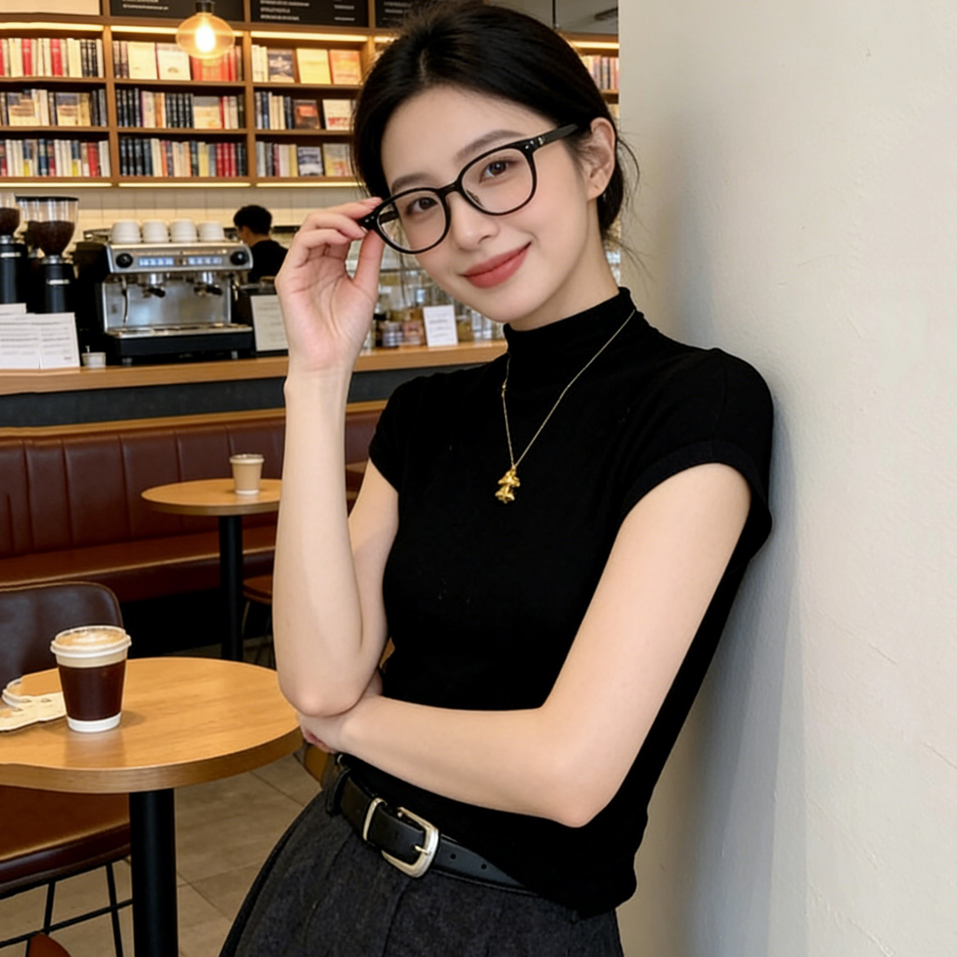 气质半高领黑色短袖T恤女
