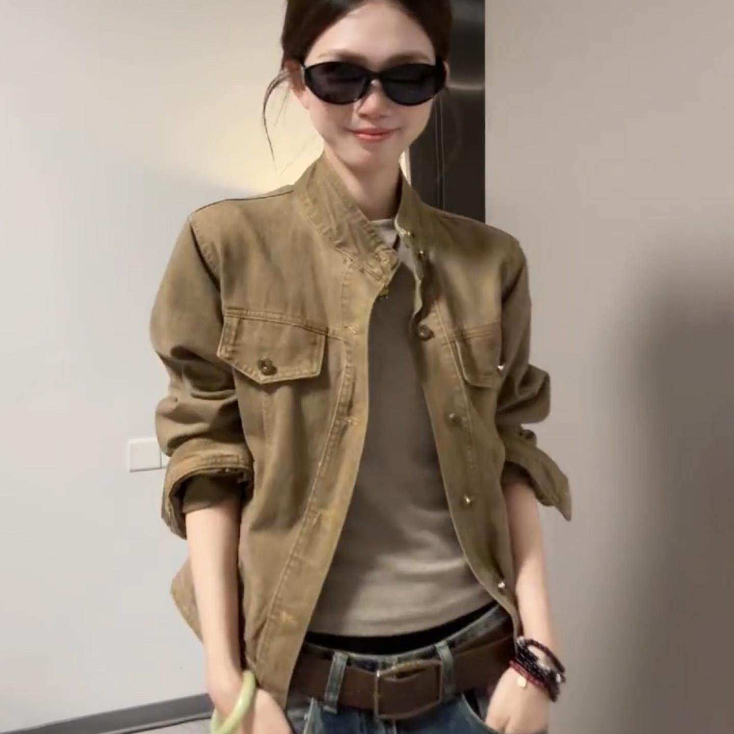 早秋立领牛仔外套女2026新款美式复古高级感显瘦短款工装夹克上衣