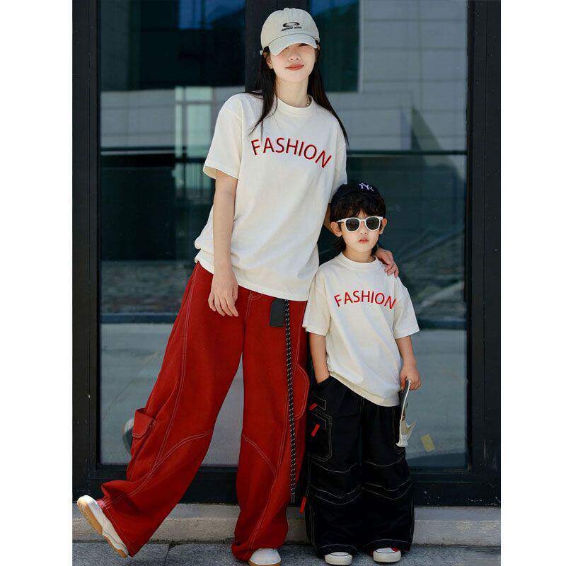 男童春夏季装2026新款一家三口短袖T恤儿童亲子高级感时尚潮酷风