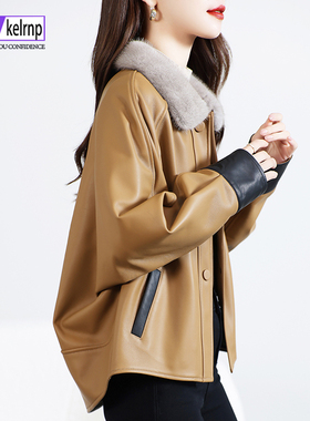 真皮大衣女2025冬新皮毛一体水貂毛领休闲蝙蝠袖头层绵羊皮衣外套