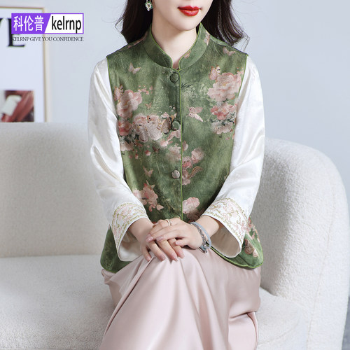 妈妈印花人字纹桑蚕丝国风马甲