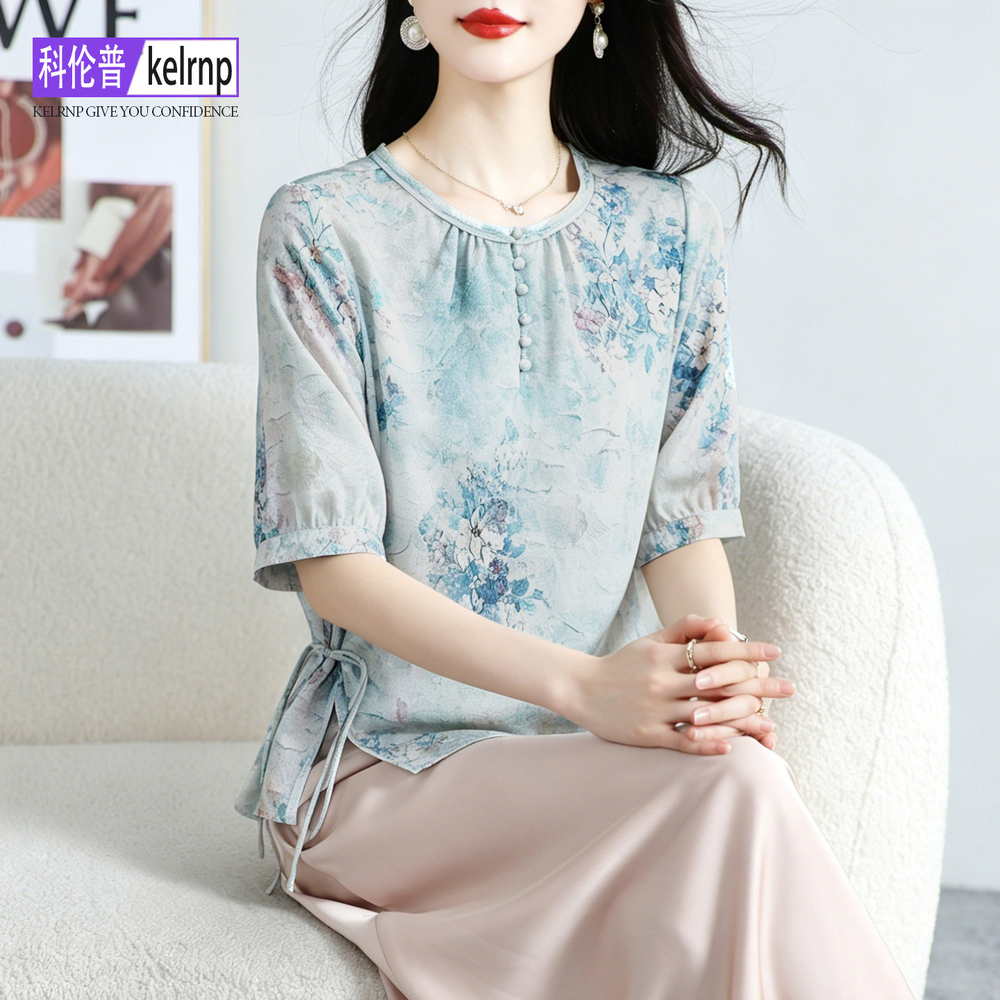 重磅真丝绸缎面衬衫女2026夏新短袖系带碎花朵印花100%桑蚕丝上衣