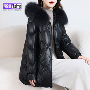 真皮羽绒服女中长款2026冬新正品牌奢华狐狸毛领海宁绵羊皮衣外套