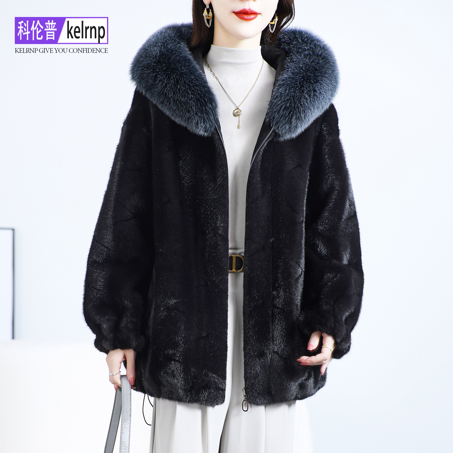 狐狸毛领仿水貂皮毛环保皮草外套