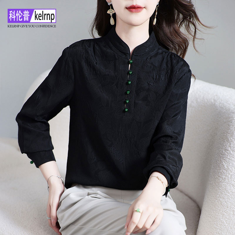 重磅真丝衬衫女2025秋新款长袖复古冠乐绉提花纯色100%桑蚕丝上衣
