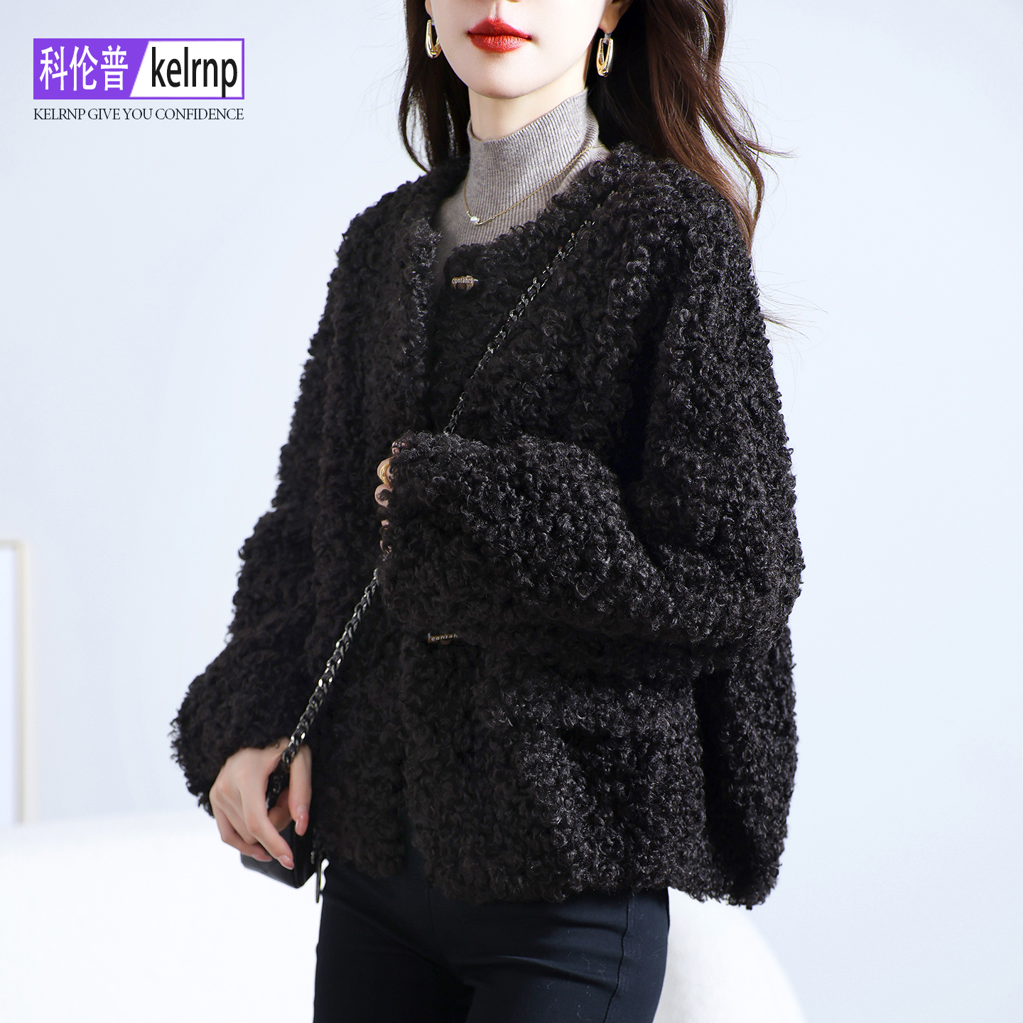 简约海宁仿羔羊毛毛颗粒皮草外套