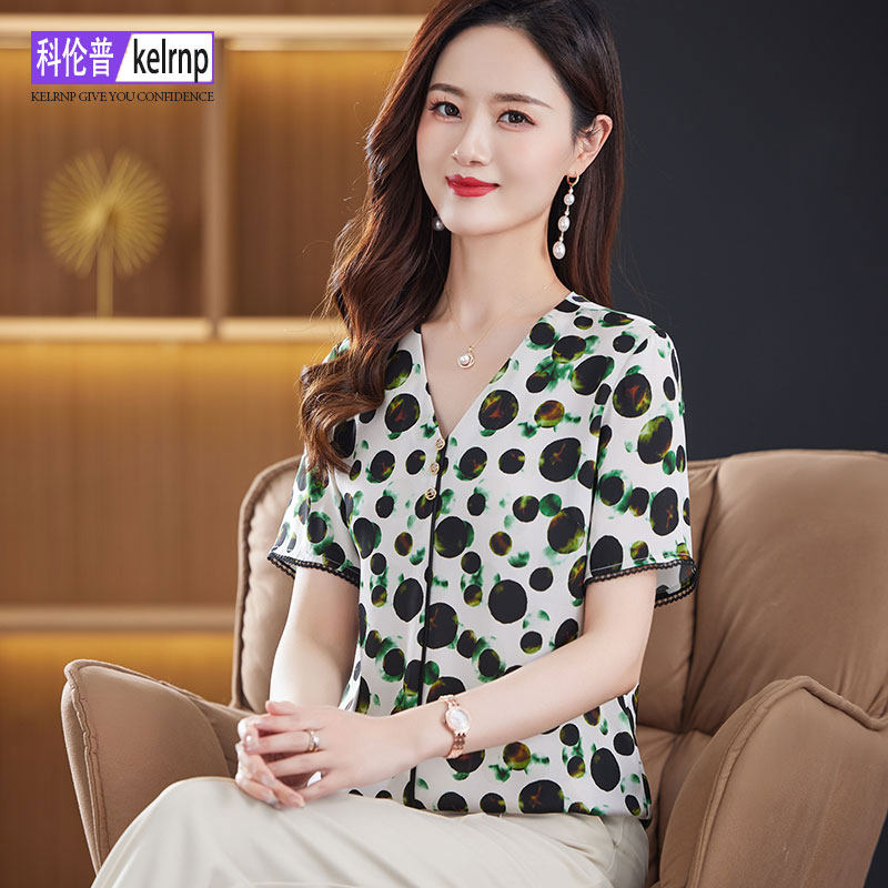 重磅真丝t恤女2026夏新款大码短袖中年妈妈V领波点印花桑蚕丝上衣