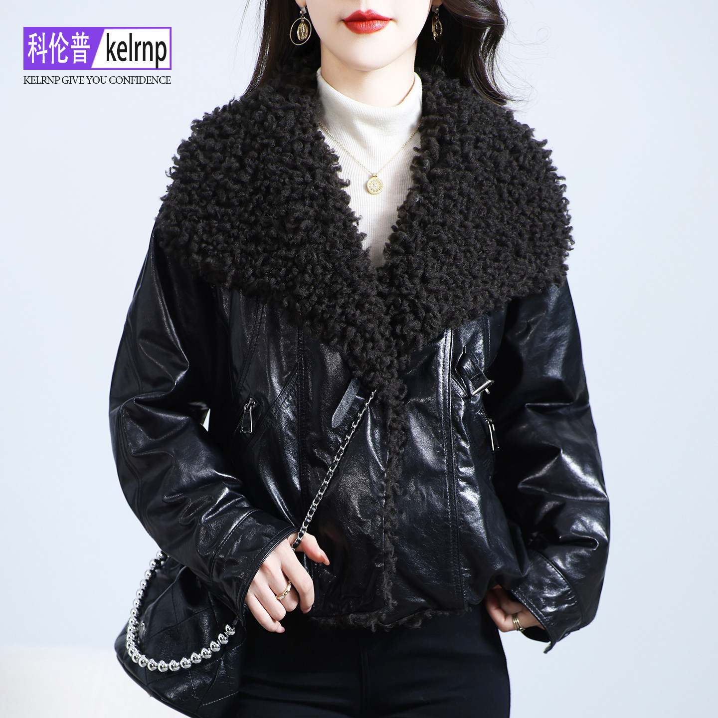 真皮羽绒服女2026冬羊毛领时尚海宁油蜡头层绵羊皮衣鹅绒大衣外套