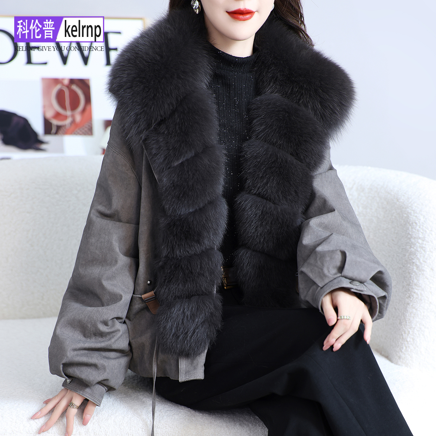 优雅名媛超大毛领鹅绒羽绒服外套