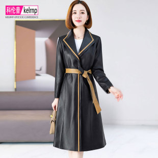 海宁真皮皮衣女2026秋冬新中长款 撞色系带翻领头层绵羊皮外套大衣