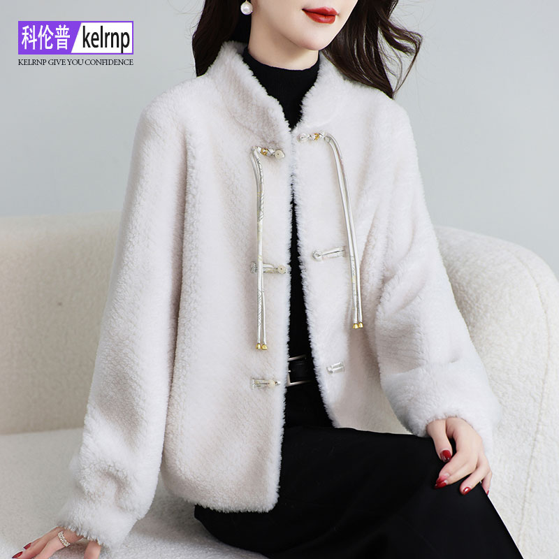 盘扣海宁羔羊毛毛颗粒皮草外套