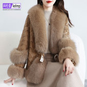 进口天鹅绒水貂毛大衣女2025冬新OL狐狸毛领拼貂皮草加厚羽绒外套