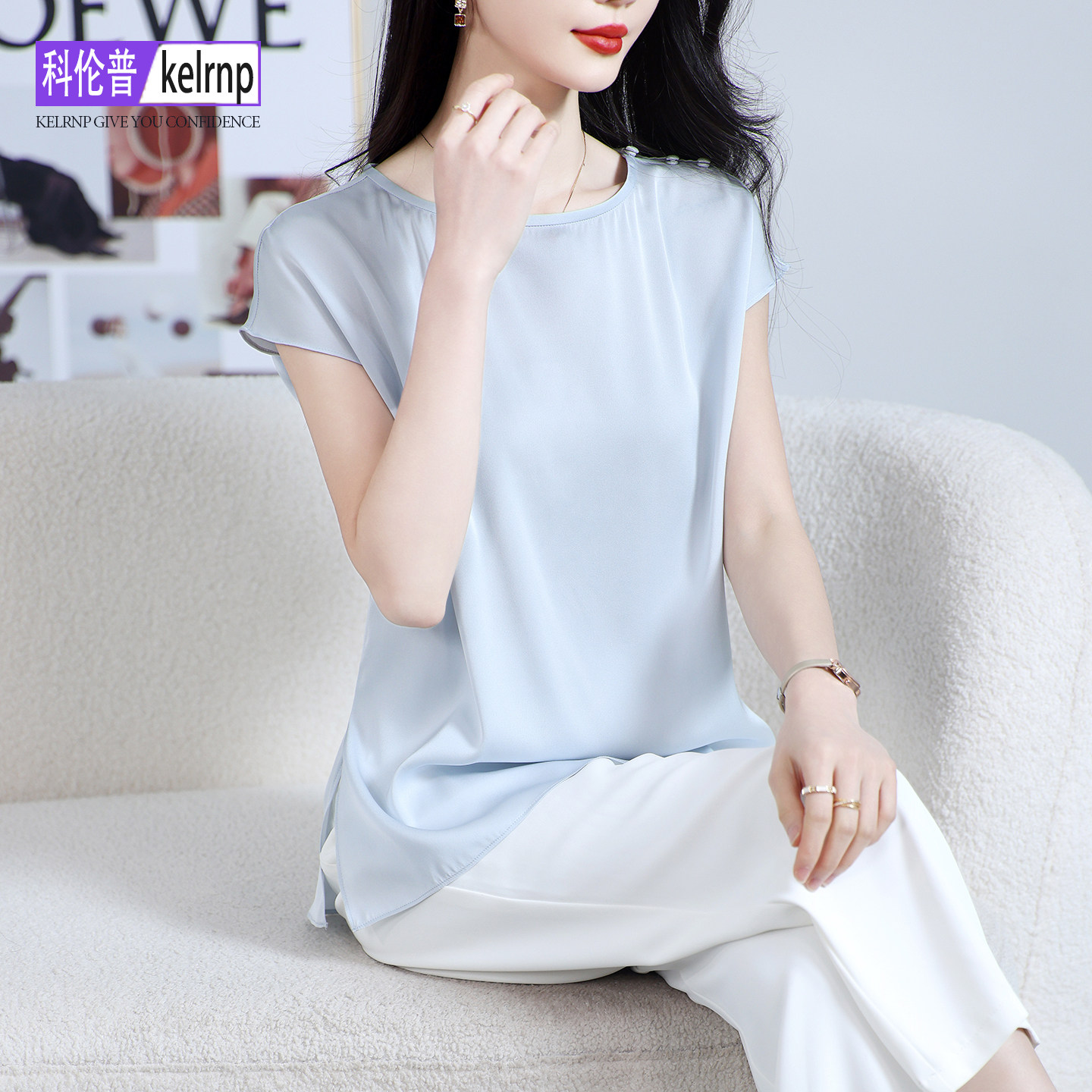 重磅真丝绸缎面t恤女2026夏新款短袖欧美奢华大气纯色桑蚕丝上衣