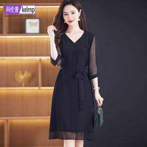 2026夏新款中长透明短袖系带宽松纯色桑蚕丝绸缎重磅真丝连衣裙女