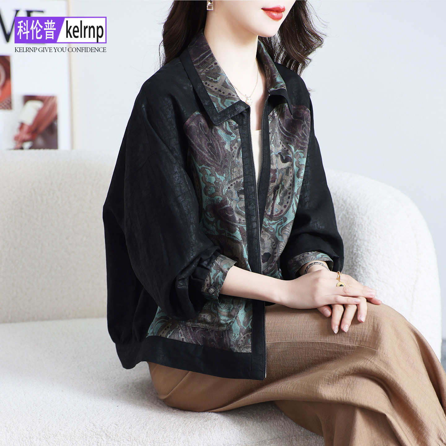 真丝短外套女2026新印花香云纱花罗龟裂纹棒球服桑蚕丝绸夹克开衫