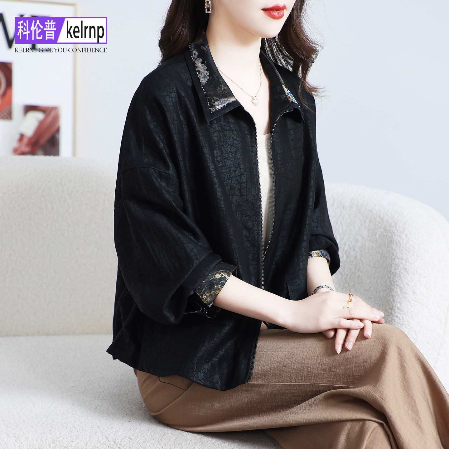 真丝短外套女2026春秋新重磅香云纱龟裂纹棒球服桑蚕丝绸夹克开衫