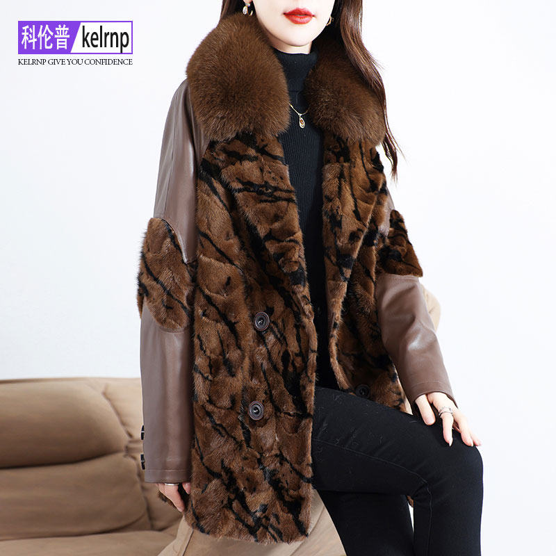 廓形OL豹纹狐狸毛领拼貂皮草外套