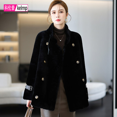 双排扣羊羔毛羊皮毛一体真皮外套