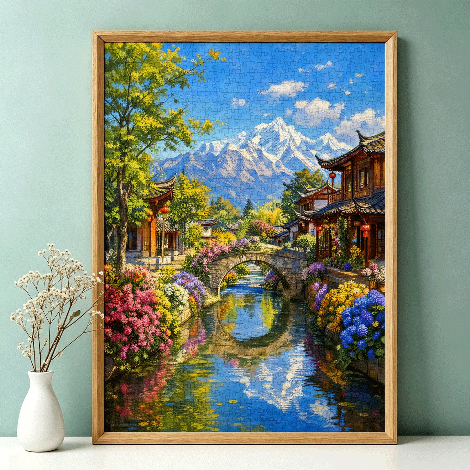 拼图1000片高端蓝卡风景带相框