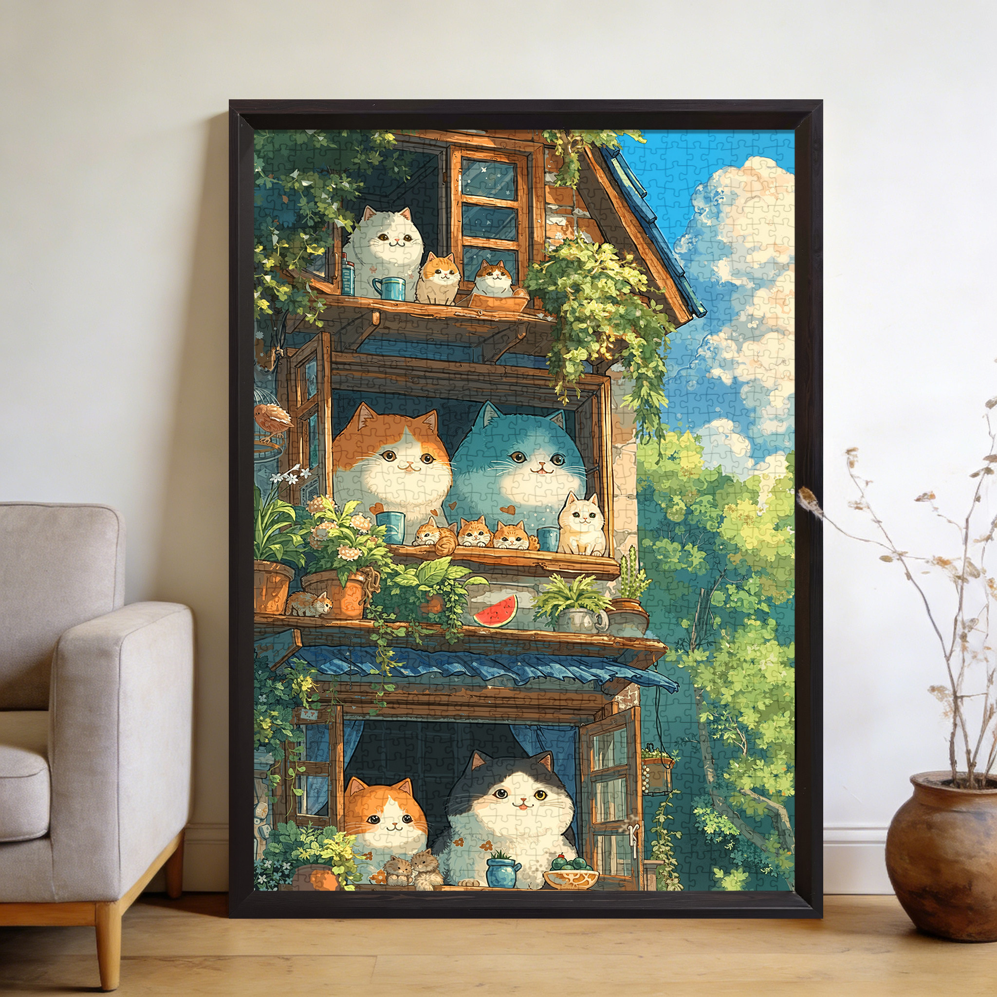 大型成人1000片拼图带相框高级感减压治愈系女孩礼物可爱猫咪阁楼