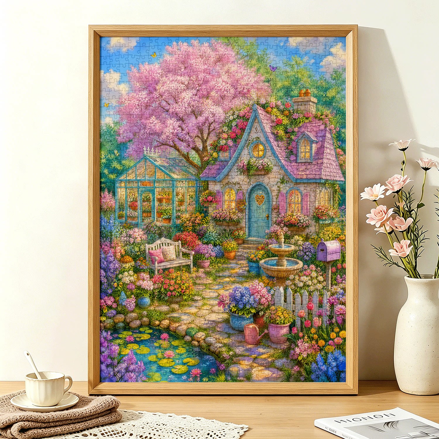 拼图1000片高端蓝卡风景带相框