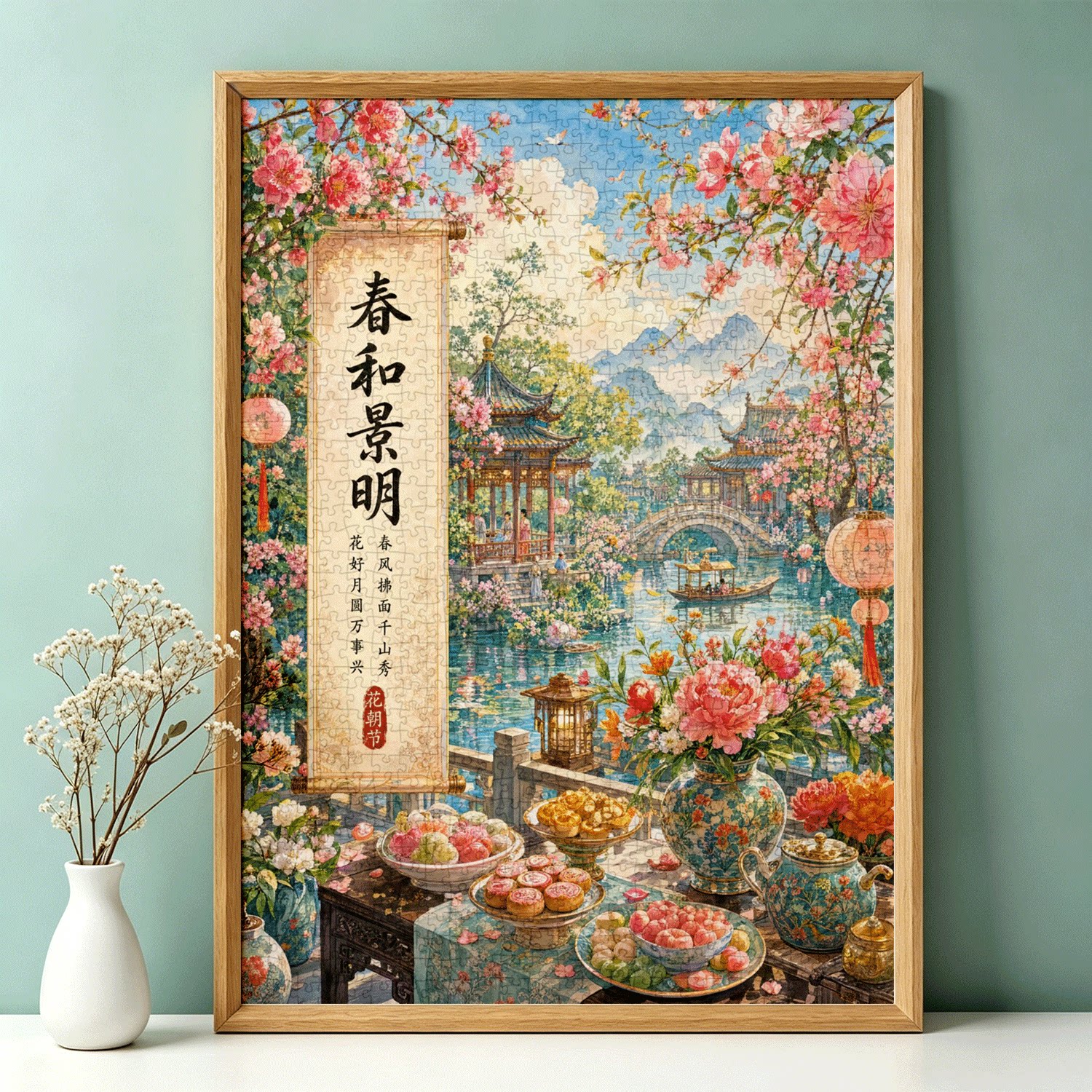 拼图1000片高端蓝卡风景带相框