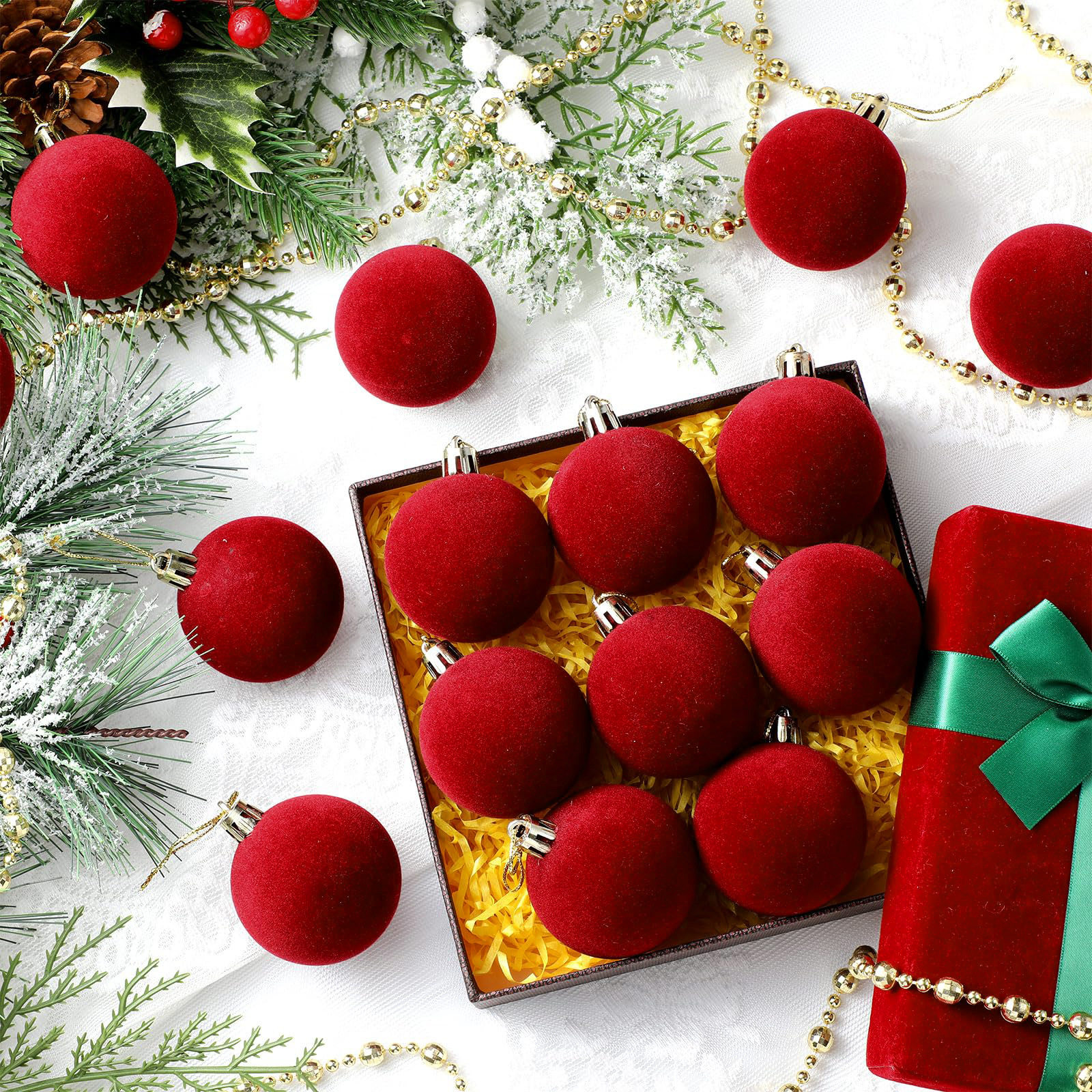 植绒圣诞球散装圣诞节装饰4/5/6/8cm吊球圣诞树挂饰酒红墨绿果绿