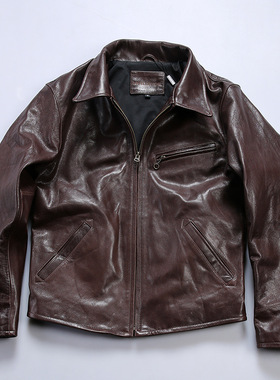 1930头层皮夹克油蜡牛皮男士外套短款修身翻领复古机车真皮皮衣