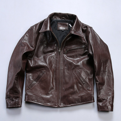 1930头层皮夹克油蜡牛皮男士外套短款修身翻领复古机车真皮皮衣