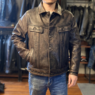 牛仔507真皮夹克男翻领阿美咔叽石磨做旧茶芯黄牛皮皮衣