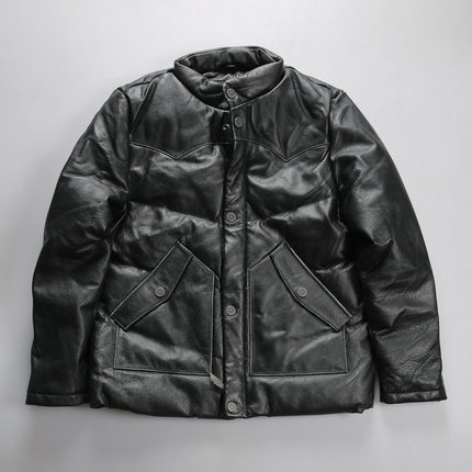 美式复古机车风头层牛皮羽绒服 90白鸭绒加厚立领真皮夹克男冬季