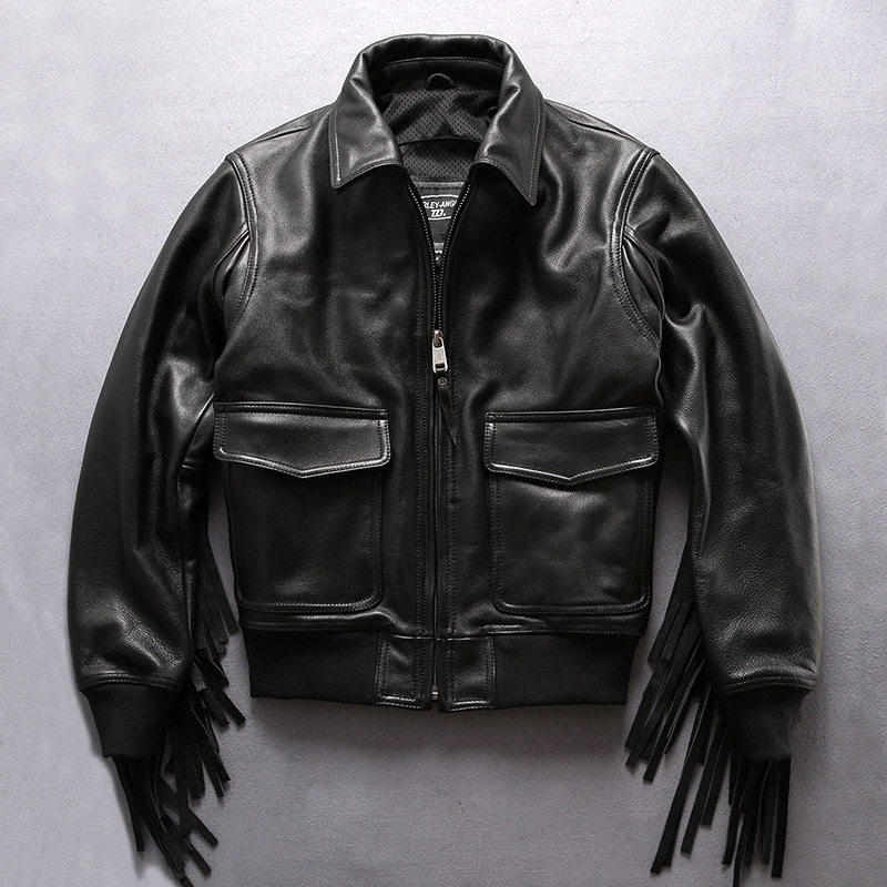 HARLEY ANGEL哈雷机车流苏真皮皮衣男翻领修身飞行服A2流苏皮夹克