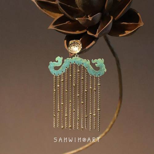 山印集原创【云螭】国风国潮龙流苏耳钉手绘岩彩仿青铜色夸张耳饰