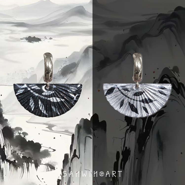 山印集手绘【单扇·清】黑白传统色新中式简约扇形耳环耳钉耳夹