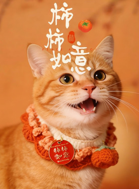 宠物猫咪围脖衣服新年柿柿如意手工编织围巾保暖项圈猫挂脖饰品